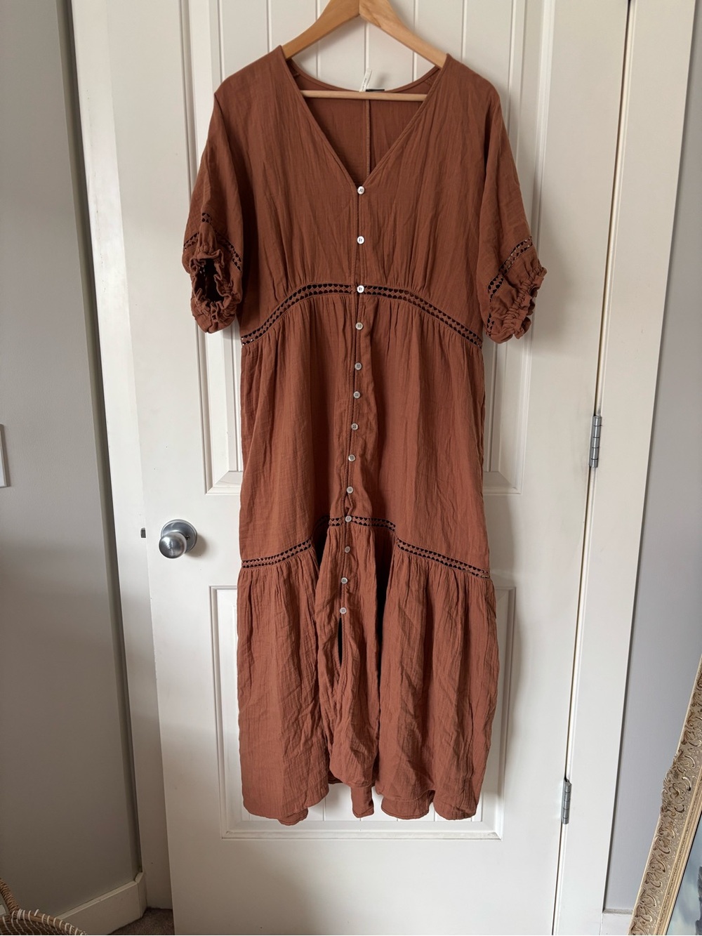 Rylee + Cru Rust Brown Cotton Button Front Midi Dress Size L Boho Cottagecore